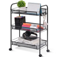 Toolf 3Tier Metal Rolling Cart Mesh Wire Easy Assemble Utility Cart Storage Trolley On Wheels With 3 Hooks Metalstorage Shel