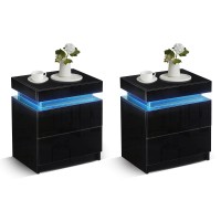 Tukailai Set Of 2 Modern Nightstand With Led Light, 2 Drawers High Gloss Chest Of Drawers Bedside Table Cabinet For Bedroom Living Room (Black)