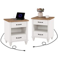 Wampat Set Of 2 White Nightstands With Charging Station & 2 Drawers, Mid Century Modern End Tables For Living Room, Night Stand Wooden Bedside Table For Bedroom