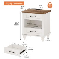 Wampat Set Of 2 White Nightstands With Charging Station & 2 Drawers, Mid Century Modern End Tables For Living Room, Night Stand Wooden Bedside Table For Bedroom