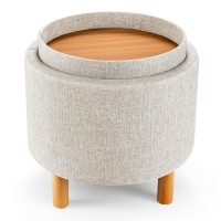 Gorelax 4 In 1 Upholstered Round Storage Ottoman With Trays, Fabric Storage Footstool W/Solid Wood Legs & Anti-Slip Pad, Cozy Stool For Bedroom, Living Room (Beige)