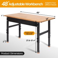 48 Adjustable Work Bench Rubber Wood Top Workbench Heavyduty Work Table 2000 Lbs Load Capacity Hardwood Work Benches For Ga