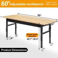 60 Adjustable Work Bench Rubber Wood Top Workbench Heavyduty Work Table With Power Outlet With Wheels 2000 Lbs Load Capacit