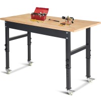 48 Adjustable Work Bench Rubber Wood Top Workbench Heavyduty Work Table With Wheels 2000 Lbs Load Capacity Hardwood Work Be