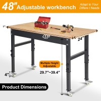 48 Adjustable Work Bench Rubber Wood Top Workbench Heavyduty Work Table With Wheels 2000 Lbs Load Capacity Hardwood Work Be