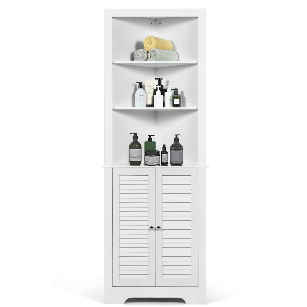 Costway Tall Corner Cabinet, Wooden Freestanding Storage Cabinet With 3 Open Shelves & Doors, Large Capacity Storage Organizer For Bathroom Living Room Kitchen (White)