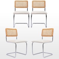 Zesthouse Rattan Dining Chairs Set Of 4, Upholstered Boucle Kitchen Chairs, Mid Century Modern Breuer Designed Chairs, Armless Accent Chairs With Natural Cane Back & Stainless Chrome Base