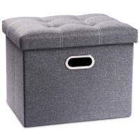 Prandom Ottoman With Storage [1-Pack] Linen Folding Small Square Foot Stool With Lid For Living Room Bedroom Coffee Table Dorm Grey 17X13X13 Inches