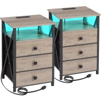 Amhancible Nightstands Set Of 2, Led Night Stands With Charging Station, End Side Tables With Usb Port & Outlet, Bedside Tables With Fabric Drawers For Bedroom Living Room Het053Lgy