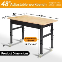 48 Adjustable Work Bench Rubber Wood Top Workbench Heavyduty Work Table With Power Outlet Workbenches Wheels 2000 Lbs Load