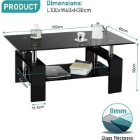 Blisswood Coffee Table For Living Room, Rectangle Glass Coffee Table With Stainless Steel Tube Support & Wooden Legs, Modern Coffee Table With Storage Glass Shelf For Living Room Furniture (Black)