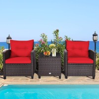 Relax4Life 3 Piece Patio Furniture Set, Wicker Bistro Conversation Set W/ 2 Cushioned Armchairs & Glass Topped Table, Outdoor Rattan Sofa Set Patio Furniture For Porch Balcony Poolside (Red)
