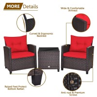 Relax4Life 3 Piece Patio Furniture Set, Wicker Bistro Conversation Set W/ 2 Cushioned Armchairs & Glass Topped Table, Outdoor Rattan Sofa Set Patio Furniture For Porch Balcony Poolside (Red)