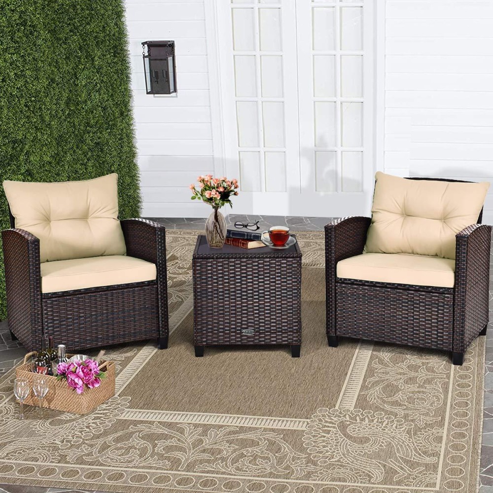 Relax4Life 3 Piece Patio Furniture Set, Wicker Bistro Conversation Set W/ 2 Cushioned Armchairs & Glass Topped Table, Outdoor Rattan Sofa Set Patio Furniture For Porch Balcony Poolside (Beige)