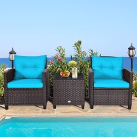 Relax4Life 3 Piece Patio Furniture Set, Wicker Bistro Conversation Set W/ 2 Cushioned Armchairs & Glass Topped Table, Outdoor Rattan Sofa Set Patio Furniture For Porch Balcony Poolside (Turquoise)
