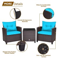Relax4Life 3 Piece Patio Furniture Set, Wicker Bistro Conversation Set W/ 2 Cushioned Armchairs & Glass Topped Table, Outdoor Rattan Sofa Set Patio Furniture For Porch Balcony Poolside (Turquoise)
