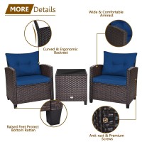 Relax4Life 3 Piece Patio Furniture Set, Wicker Bistro Conversation Set W/ 2 Cushioned Armchairs & Glass Topped Table, Outdoor Rattan Sofa Set Patio Furniture For Porch Balcony Poolside (Navy Blue)