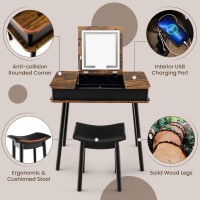 Charmaid Vanity Desk With 3-Color Lighted Flip Top Mirror, 7 Storage Compartments, Side Organizers, Usb Port, Makeup Dressing Table Set Writing Desk With Cushioned Stool, Easy Assembly, Rustic Brown