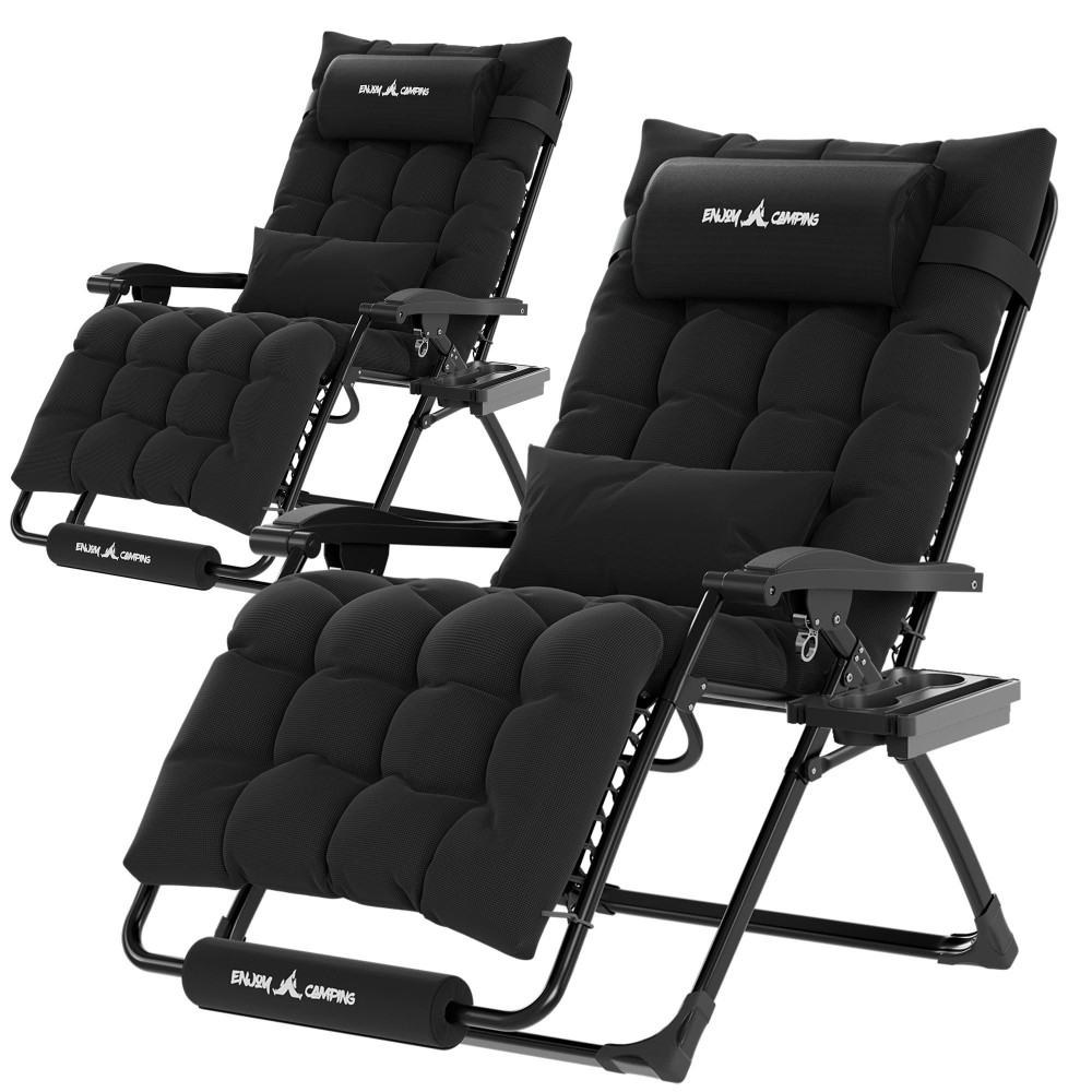 Udpatio Oversized Zero Gravity Chair Set Of 2, 29In Xxl Patio Reclining Chair With Cushion, Outdoor Folding Recliner With Pillows|Cup Holder|Foot Rest|Padded Headrest, Black, Support 500Lb