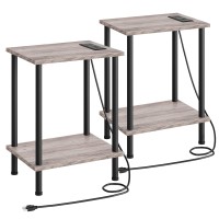 Hoobro Set Of 2 End Tables With Charging Station, Nightstand With 2-Layer Storage Shelves, Side Table For Small Spaces, Living Room, Bedroom, Stable Frame, Easy Assembly, Greige And Black Bg09Ubzp201