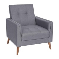 Conrad MidCentury Modern Commercial Grade Armchair with Tufted Faux Linen Upholstery Solid Wood Legs in Slate Gray