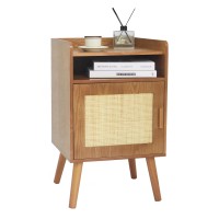 Awasen Mid Century Modern Nightstand, Rattan Nightstand With 2-Tier Shelf And Door, Bedside Table With Storage For Small Spaces, Bedroom,Living Room, Easy Assembly, Brown Walnut