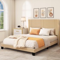 Yitahome Queen Size Upholstered Bed Frame, Platform Bed Base With Beige Velvet Headboard And Wingback, Strong Wood Slats Support Mattress Foundation, No Box Spring Needed, Beige