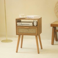 Maxsmeo Mid Century Modern Nightstand With Drawer Small Nightstand Bedside Table Brown Rattan Nightstand Wood End Table For B