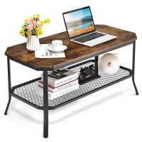 Kotek Industrial Coffee Table, 2-Tier Farmhouse Coffee Table With Wooden Tabletop & Metal Frame, Cocktail Tea Table For Living Room, Rustic Brown