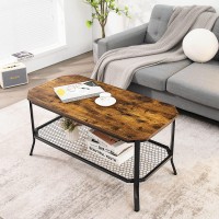 Kotek Industrial Coffee Table, 2-Tier Farmhouse Coffee Table With Wooden Tabletop & Metal Frame, Cocktail Tea Table For Living Room, Rustic Brown