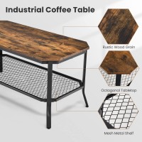 Kotek Industrial Coffee Table, 2-Tier Farmhouse Coffee Table With Wooden Tabletop & Metal Frame, Cocktail Tea Table For Living Room, Rustic Brown