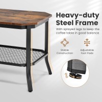 Kotek Industrial Coffee Table, 2-Tier Farmhouse Coffee Table With Wooden Tabletop & Metal Frame, Cocktail Tea Table For Living Room, Rustic Brown