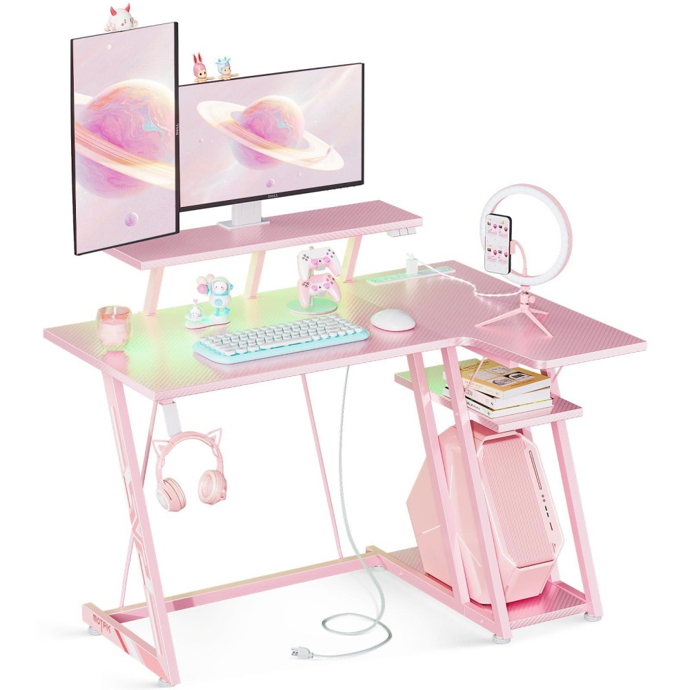 Motpk Pink Gaming Desk L Shaped With Led Lights, Small Corner Computer Desk 39Inch With Power Outlets, Gaming Table With Pc Storage Shelf, Gamer Desk With Monitor Shelf, Carbon Fiber Texture