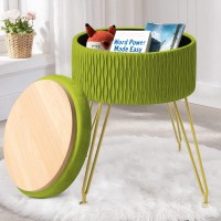 Gerant Velvet Storage Ottoman Vanity Stools - Multifunctional Upholstered Pleated Round Footrest With Golden Metal Legs,Removable Coffee Table Top Cover,Suitable For Living Room(Matcha Green)