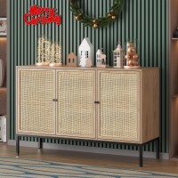 Buffet Cabinet With Natural Rattan Decorated Doors, Sideboard Accent Console Table/Storage Cabinet For Living Room, Hallway Entryway Kitchen, 3 Doors