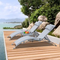 Domi Pool Lounge Chairs Set Of 3, Adjustable Aluminum Outdoor Chaise Lounge Chairs With Metal Side Table, All Weather For Deck Lawn Poolside Backyard -Grey Textilene