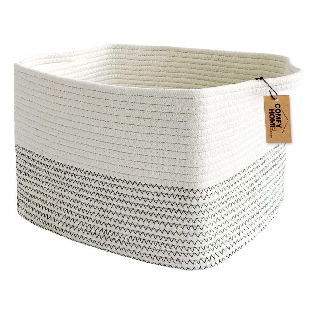 Comfy-Homi White Rectangle Cotton Rope Woven Basket With Handles For Cloth, Toy, Magazines, Blanket Storage Bin For Baby Nursery Cube Bin, Decorative Square Basket For Baby Room 13.5