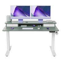 Fezibo Height Adjustable Electric Standing Desk With Double Drawer, 55 X 24 Inch Stand Up Table With Storage Shelf, Sit Stand Desk With Splice Board, White Frame/Green Top