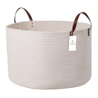 Luxury Little Extra Large Nursery Storage Basket, 22 X 22 X 14 Inches - 100% Cotton Rope Basket With Handles, Laundry Basket For Toys, Blankets & Pillows - Off White With Leather Handles