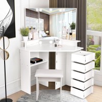 Vowner Vanity With Lights - Vanity Desk With 3 Color Lighting Options, Brightness Adjustable, Vanity Table With 5 Rotating Drawers, Shelves And Stool, Corner Vanity For Women Girls, White 43? L