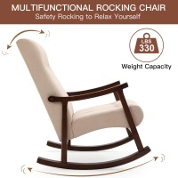 AVAWING Upholstered Rocking Chair with Fabric Padded Seat,Comfortable Rocker Solid Wood for Living Room,Modern High Back Armchair,Adult Single Sofa,Old Man Chair (Beige)