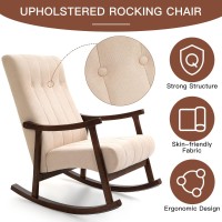 AVAWING Upholstered Rocking Chair with Fabric Padded Seat,Comfortable Rocker Solid Wood for Living Room,Modern High Back Armchair,Adult Single Sofa,Old Man Chair (Beige)