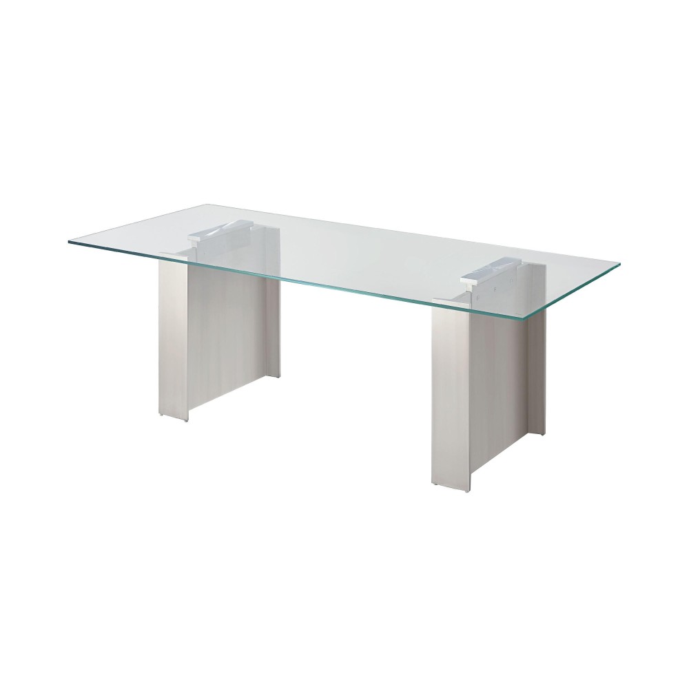 Hal 104 Inch Glass Top Dining Table, Curved Metal Pedestal Base, Silver