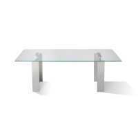 Hal 104 Inch Glass Top Dining Table, Curved Metal Pedestal Base, Silver