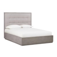 Kim Upholstered Solid Acacia Wood Platform Full Bed, Storage, Tufted, Gray