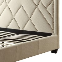 Adam Modern Upholstered Solid Wood Full Bed, Nailhead Trim, Cream