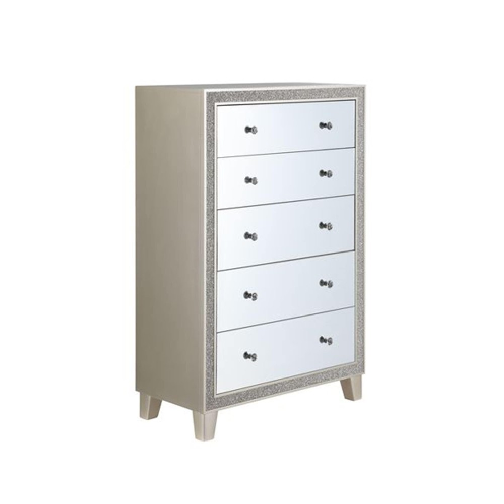 Benjara 51 Inch Lee 5 Drawer Mirrored Tall Chest Dresser, Acrylic Trim, Gold