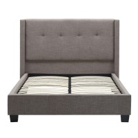 Adams Low Profile California King Bed, Piped Edges, Tufted Linen, Gray