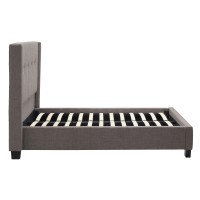 Adams Low Profile California King Bed, Piped Edges, Tufted Linen, Gray