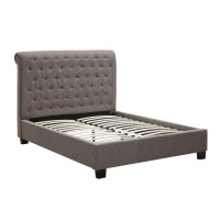 Rue Low Profile King Bed, Button Tufted Uphosltered Rolled Back, Gray